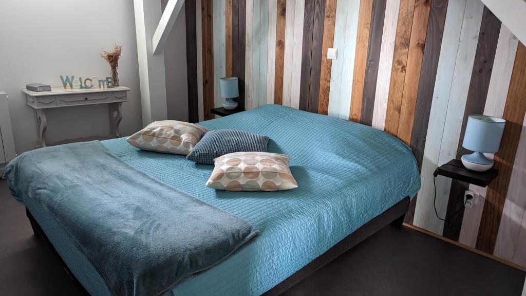 カステルノ・ド・メドックにあるChez les Martinのベッド(青いシーツ、枕付)