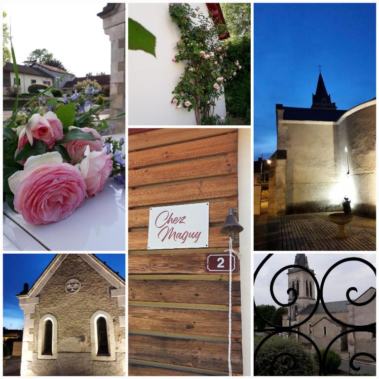 un collage de photos avec des fleurs et une église dans l'établissement ChezMaguy Gîte semi-rural vallée de l Isle Dordogne Périgord, à Montrem