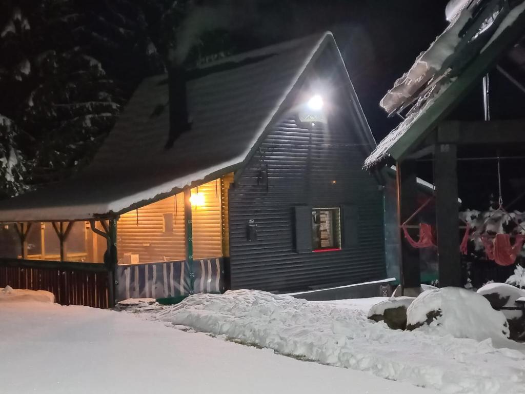 a house covered in snow at night at Schwarz Kabin in Neagra