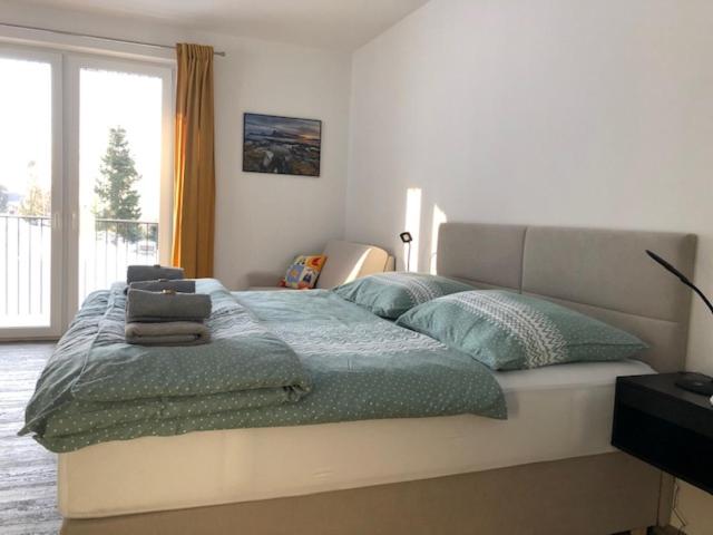 1 cama grande en un dormitorio con ventana en Apartmán U lomu Dolní Morava en Dolní Morava