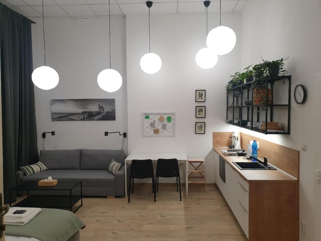 uma cozinha e sala de estar com um sofá e uma mesa em Apartmán Pribina em Nitra