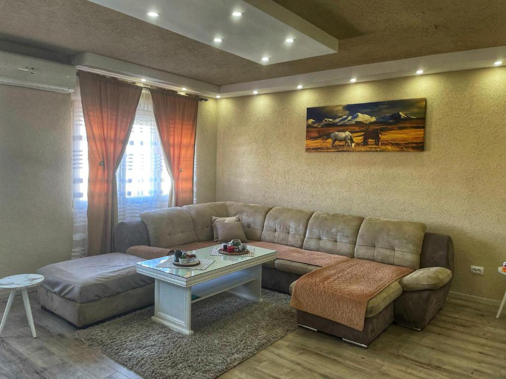 - un salon avec un canapé et une table dans l'établissement Apartment Alexandar, à Podgorica