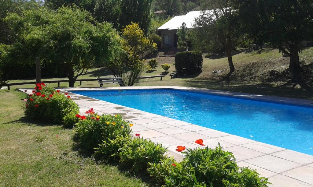 a swimming pool in a yard with flowers in the grass at Los Cerezos in La Cumbre