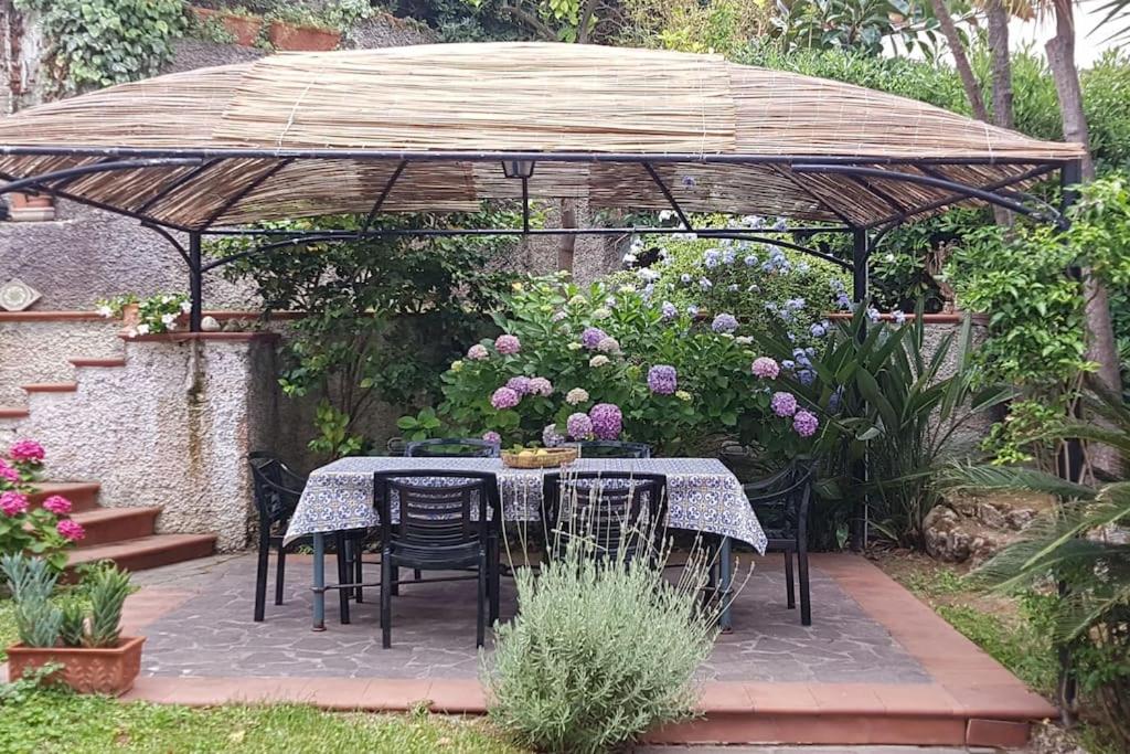 - une table et des chaises sous un parasol dans le jardin dans l'établissement Giardino Mediterraneo, à Ischia