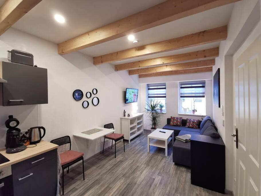 a living room with a blue couch and a table at Altstadt-Apartment & FeWo EG für max 3 Pers in Neuhaldensleben