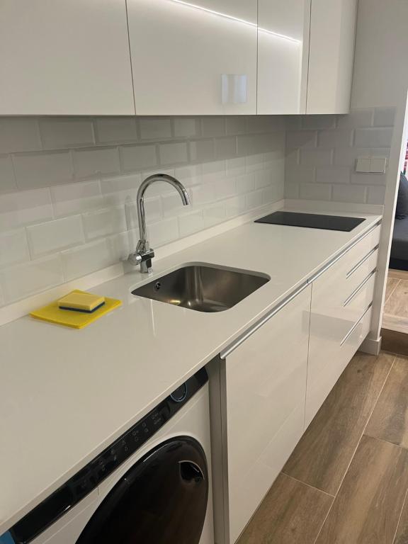 a white kitchen with a sink and a dishwasher at BERNABEU/ C.UNIVERSITARIA APARTMENTS in Madrid