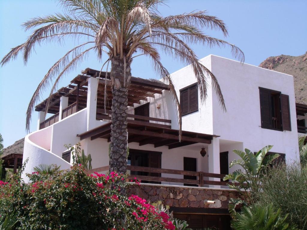 a white house with a palm tree in front of it at book now spacious 12p villa with communal pool in Las Negras