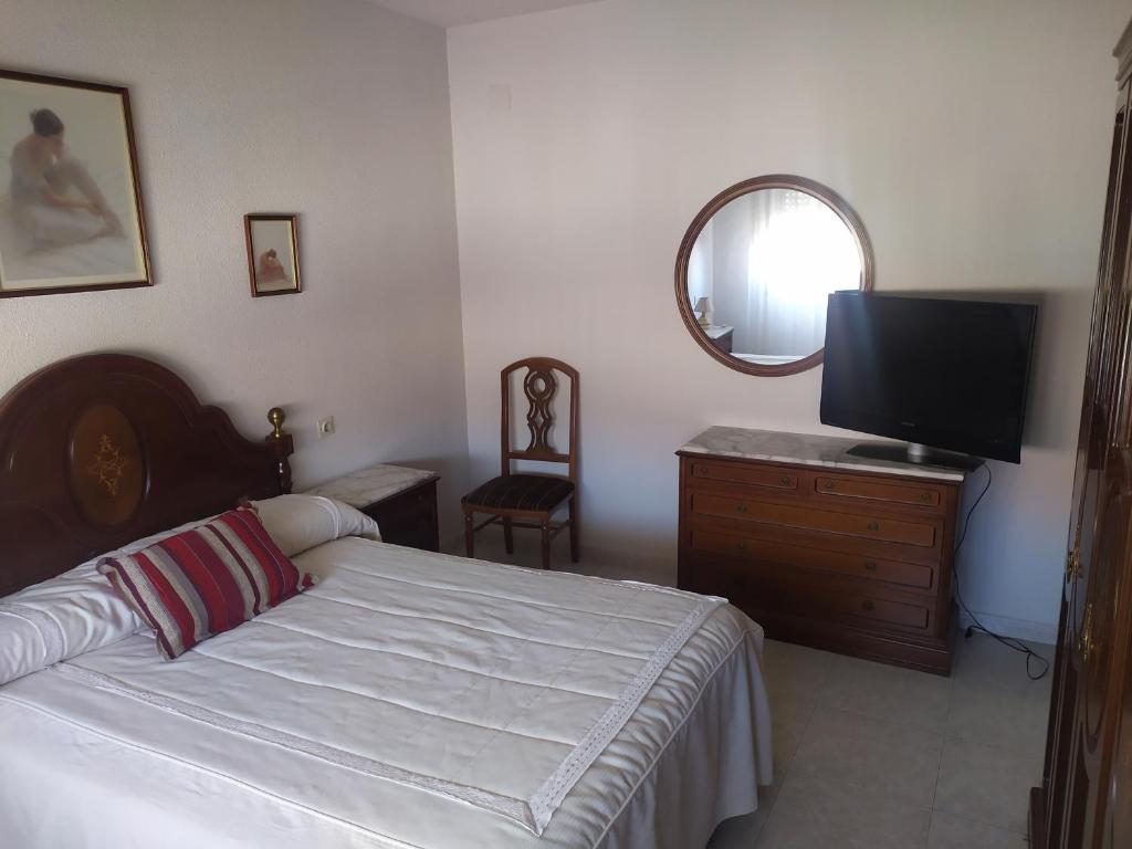 1 dormitorio con 1 cama y TV de pantalla plana en Room in Guest room - Double Room in Chalet in Toledo, en Toledo