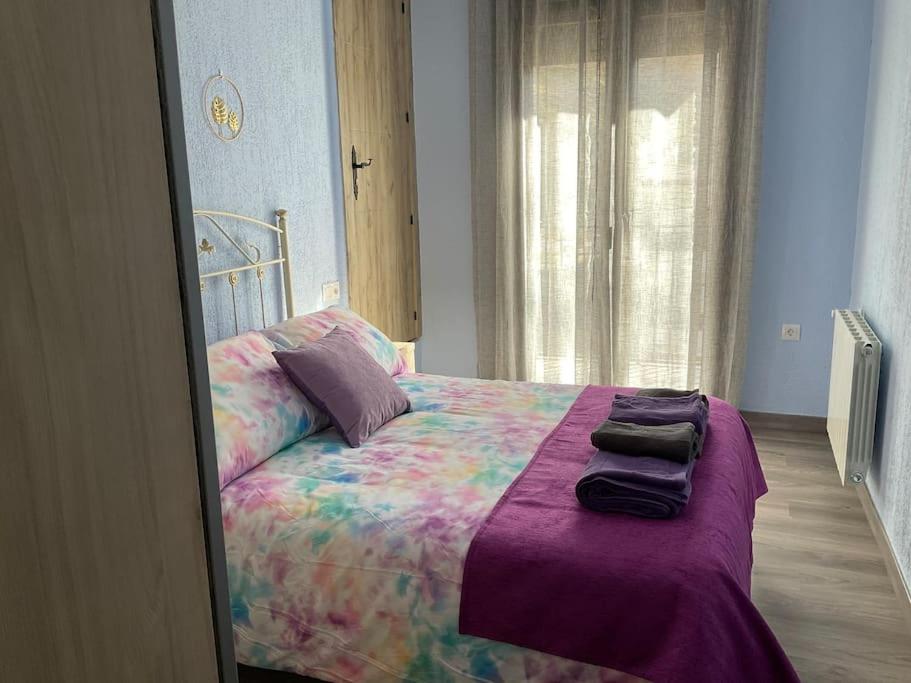 1 dormitorio con 1 cama grande con manta morada en Alojamiento rural Casa Clara la Pescaora, en Trevélez