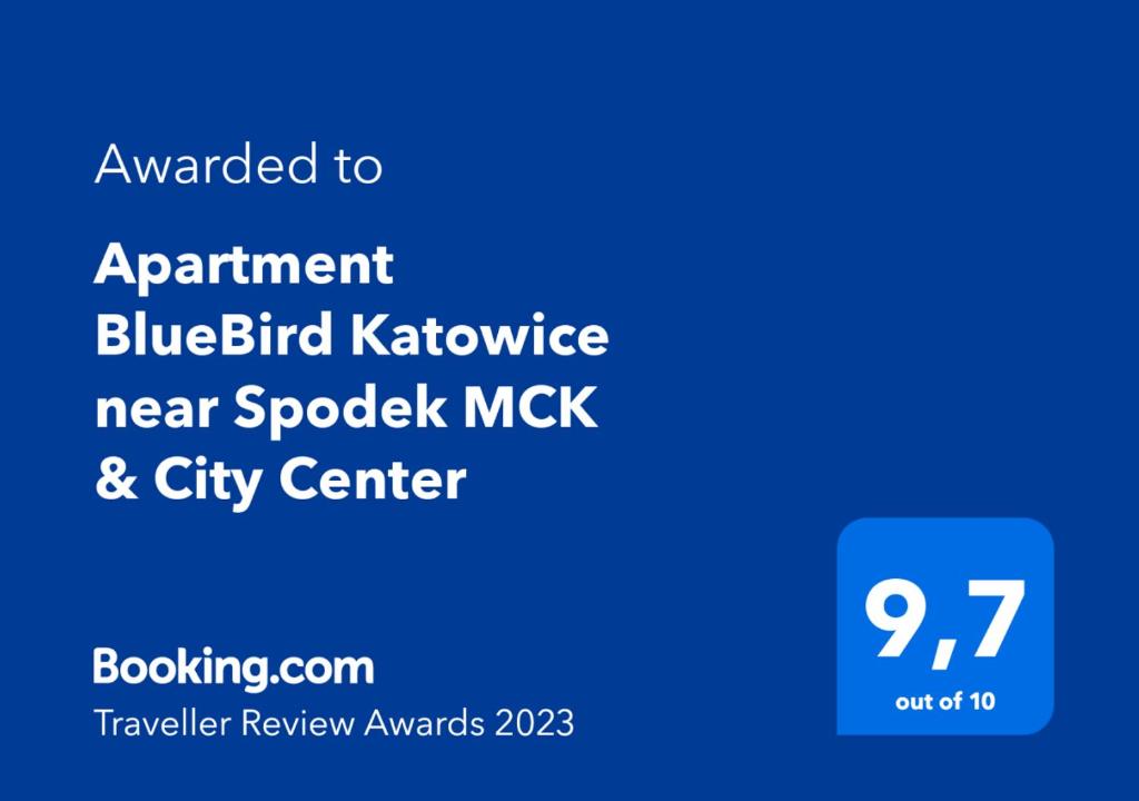 Certifikat, nagrada, logo ili neki drugi dokument izložen u objektu Apartment BlueBird Katowice near Spodek MCK & City Center