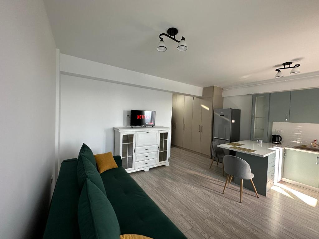 a living room with a couch and a kitchen at Renting Solutions Q in Iaşi