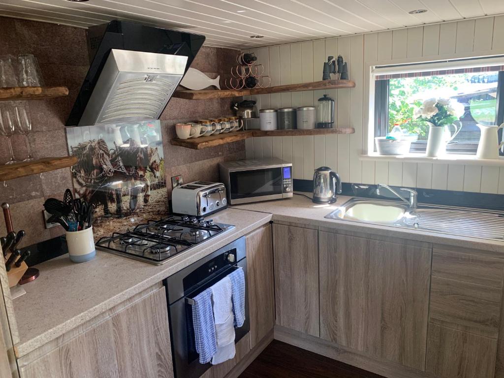 a kitchen with a stove top oven next to a sink at Oak Tree Lodge: Unique 2 level Shepherd's Hut: Dartmouth in Dartmouth