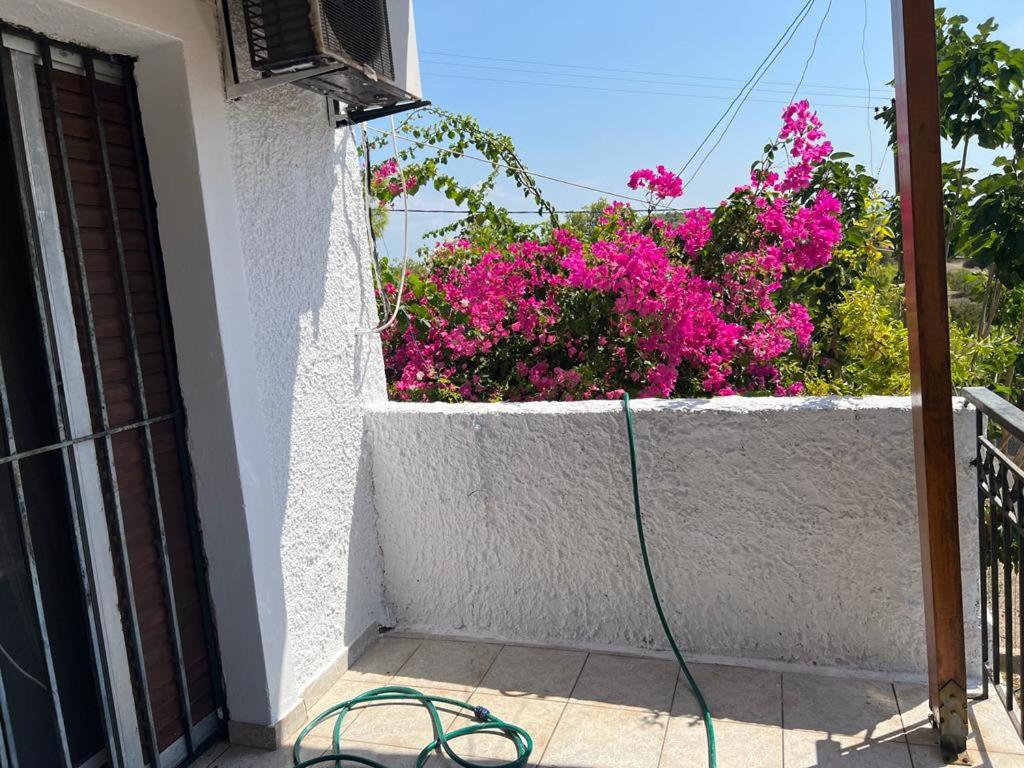 a garden hose on a balcony with pink flowers at σπίτι - αγρόκτημα in Porto Heli