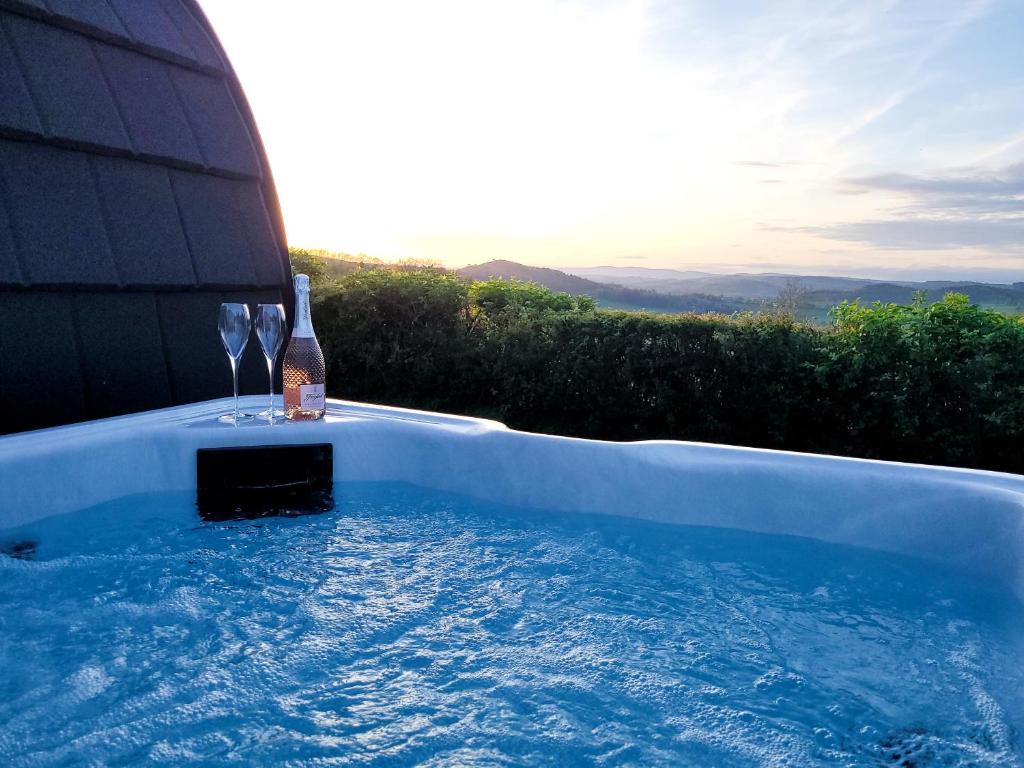 a bottle of wine and wine glasses in a swimming pool at Odli Glamping - Luxury Glamping Pod in Welshpool