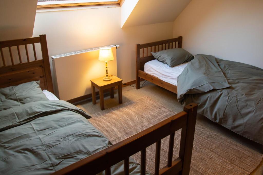 a bedroom with two beds and a lamp in it at Vakantiewoning De Luysmolen in Bocholt