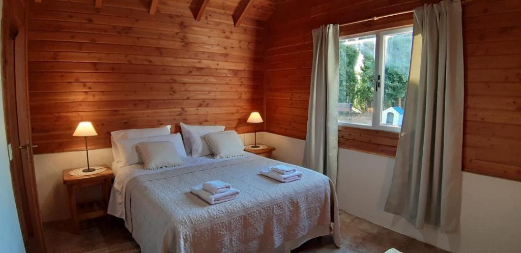 ein Schlafzimmer mit einem Bett mit zwei Handtüchern darauf in der Unterkunft Cabaña Los Alamos in Dina Huapi