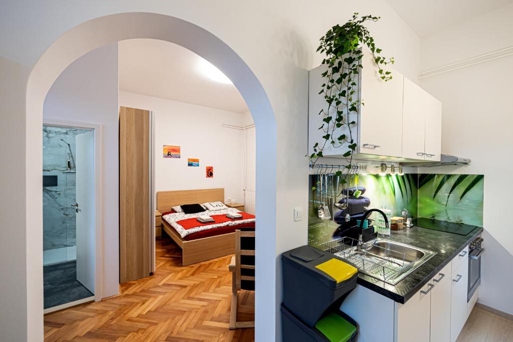 eine Küche und ein Wohnzimmer mit einem Bett in der Unterkunft That Cat Flat - free parking, near city center, cats! in Ljubljana