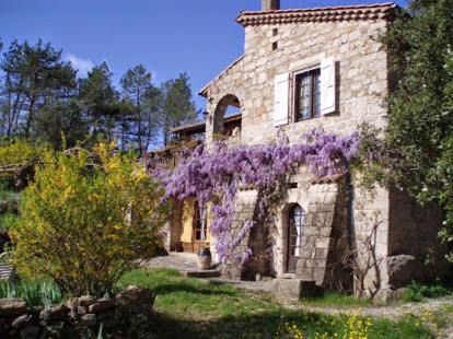 een oud stenen huis met paarse bloemen erop bij Idyllic French farmhouse in Les Assions