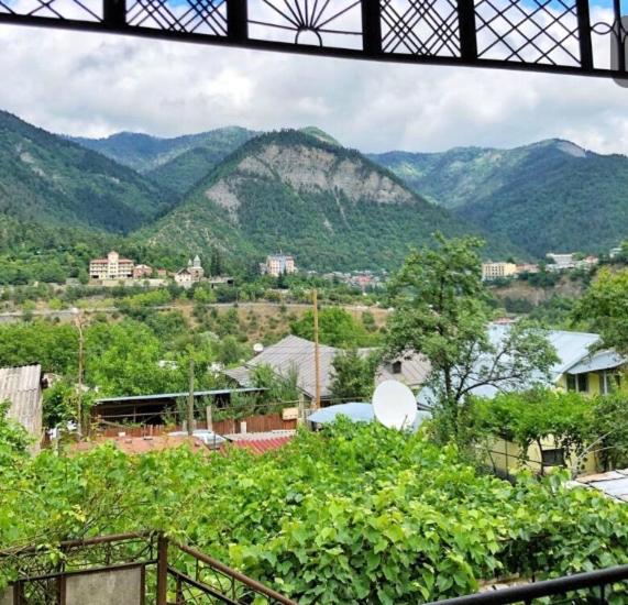 a view from a window of a town with mountains at Achela's Guesthouse in Borjomi