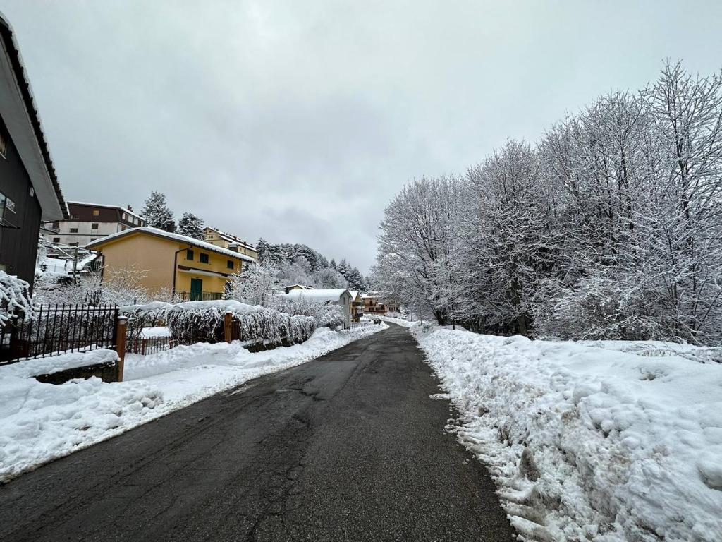 a road covered in snow with a house and trees at La casa di Fantalegno in Camigliatello Silano