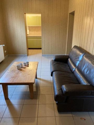 a living room with a leather couch and a coffee table at Einfaches grosse geräumiges Wohnung für Monteuren in Dortmund