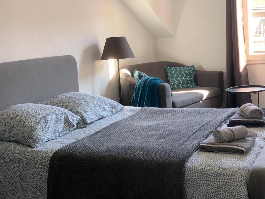 sypialnia z łóżkiem, kanapą i krzesłem w obiekcie PYRENE HOLIDAYS Studios proches des Thermes de Bagnères-De-Bigorre et navettes ski La Mongie w mieście Bagnères-de-Bigorre