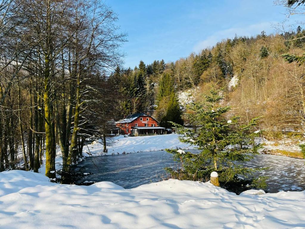 a house in the snow next to a river at Accomodatie in Villa Werschmatt in Kruth