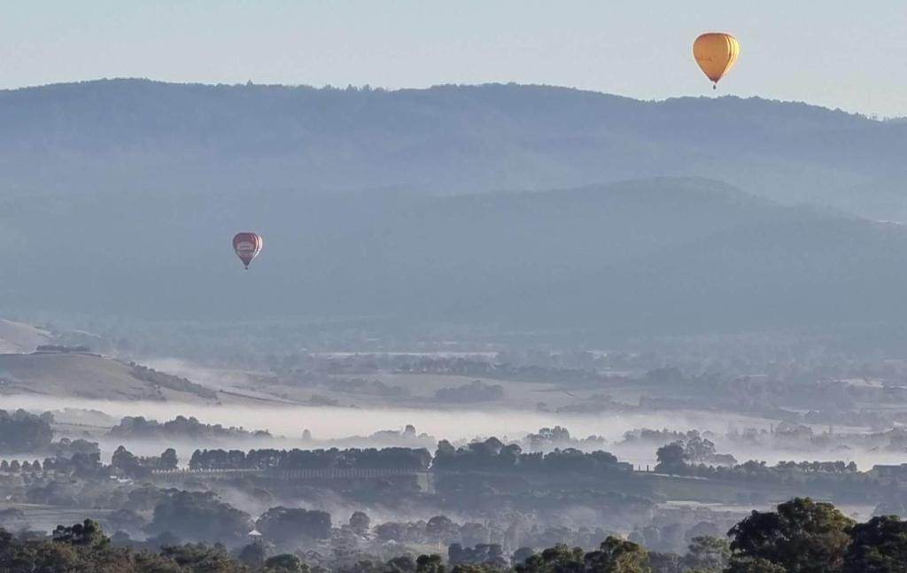 two hot air balloons flying over a misty field at Melazzano in Lilydale