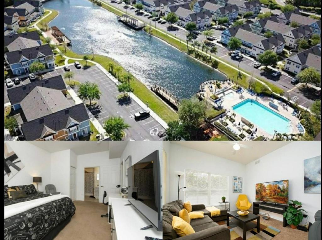 un collage de dos fotos de una casa en Pet Friendly House in Resort Style Condo Near Disney, 4 Pools, Hot Tub & Gym en Kissimmee