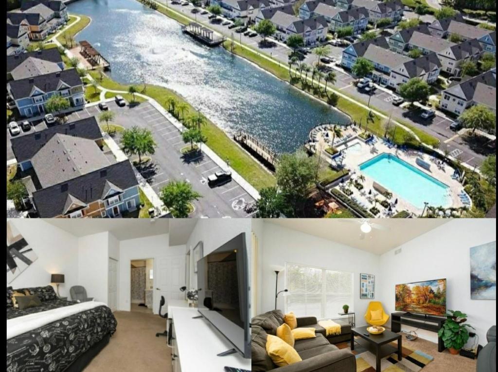 a collage of two pictures of a house at Pet Friendly House in Resort Style Condo Near Disney, 4 Pools, Hot Tub & Gym in Kissimmee
