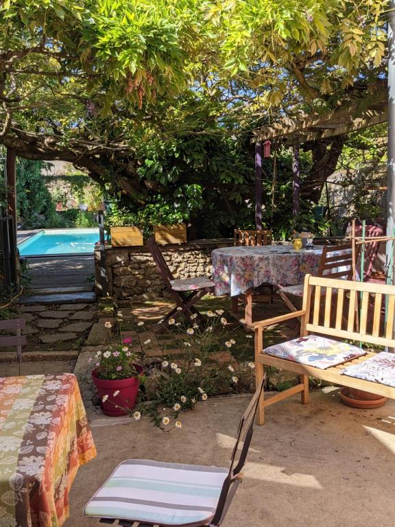 un patio con tavolo, sedie, tavolo e piscina di Chambres d'hôtes La Charmante a La Flèche