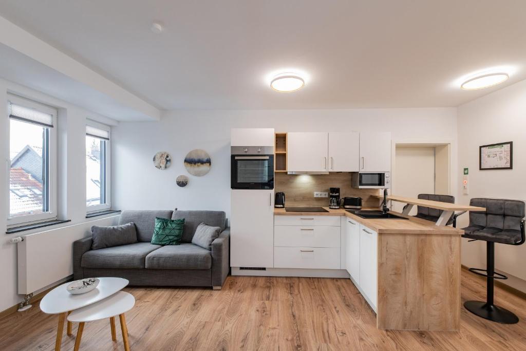 eine Küche und ein Wohnzimmer mit einem Sofa und einem Tisch in der Unterkunft Apartment Balance in Eisenach