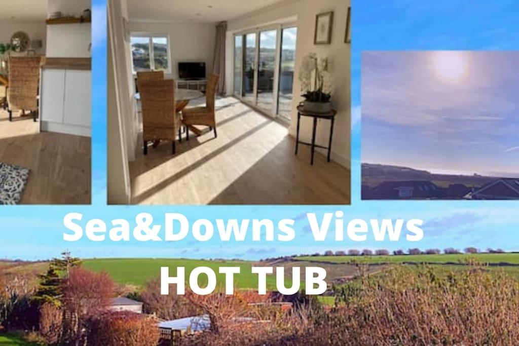 a collage of photos of a home with a beach and downs viewshot tub at Spacious Studio Cabin with Sea/ Downs views Sole Use of HotTub in Seaford in Seaford