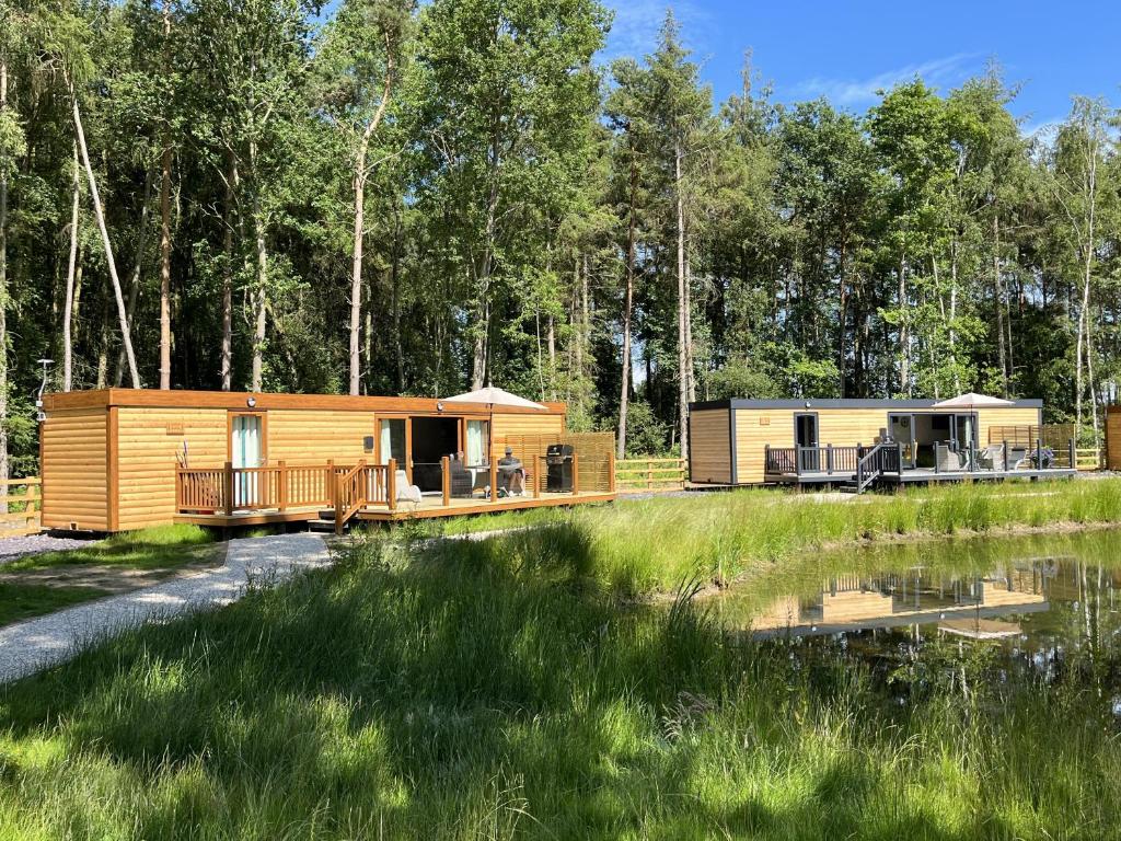 a cabin in the woods next to a body of water at Cedar Boutique Lodge-dog fishing and Spa access in York