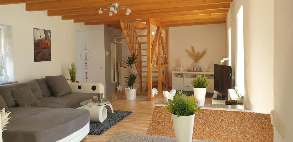ein Wohnzimmer mit einem Sofa und einem TV in der Unterkunft Ferienhaus Sabine im Biosphärenreservat Bliesgau in Blieskastel