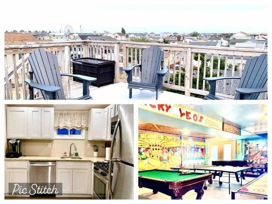 een collage van foto's van een patio met een tafel en stoelen bij The Lighthouse-3 Bedroom with Casino Pier Gameroom in Seaside Heights