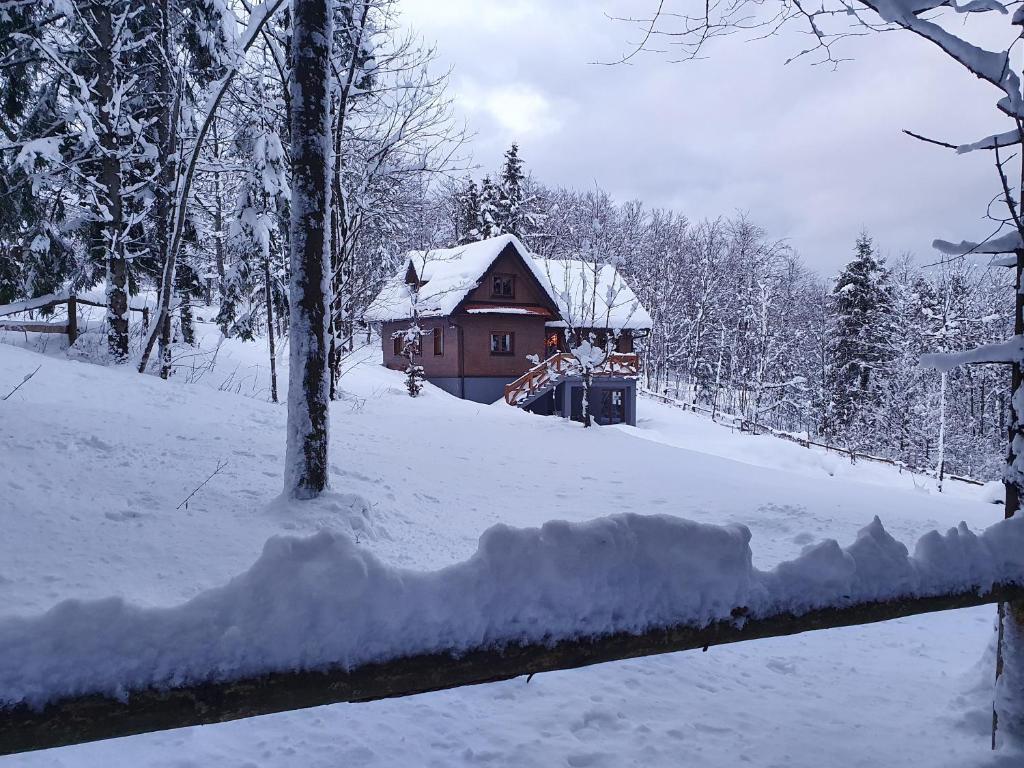 ein schneebedecktes Haus vor der Tür in der Unterkunft Starry Laz mountain house in Ravna Gora