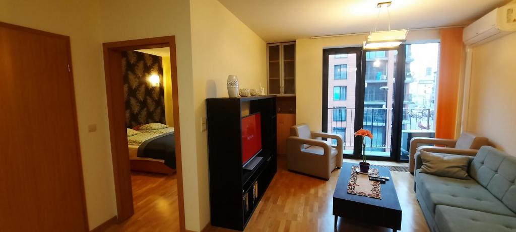 a living room with a couch and a tv at Angel City Apartments in Krakow