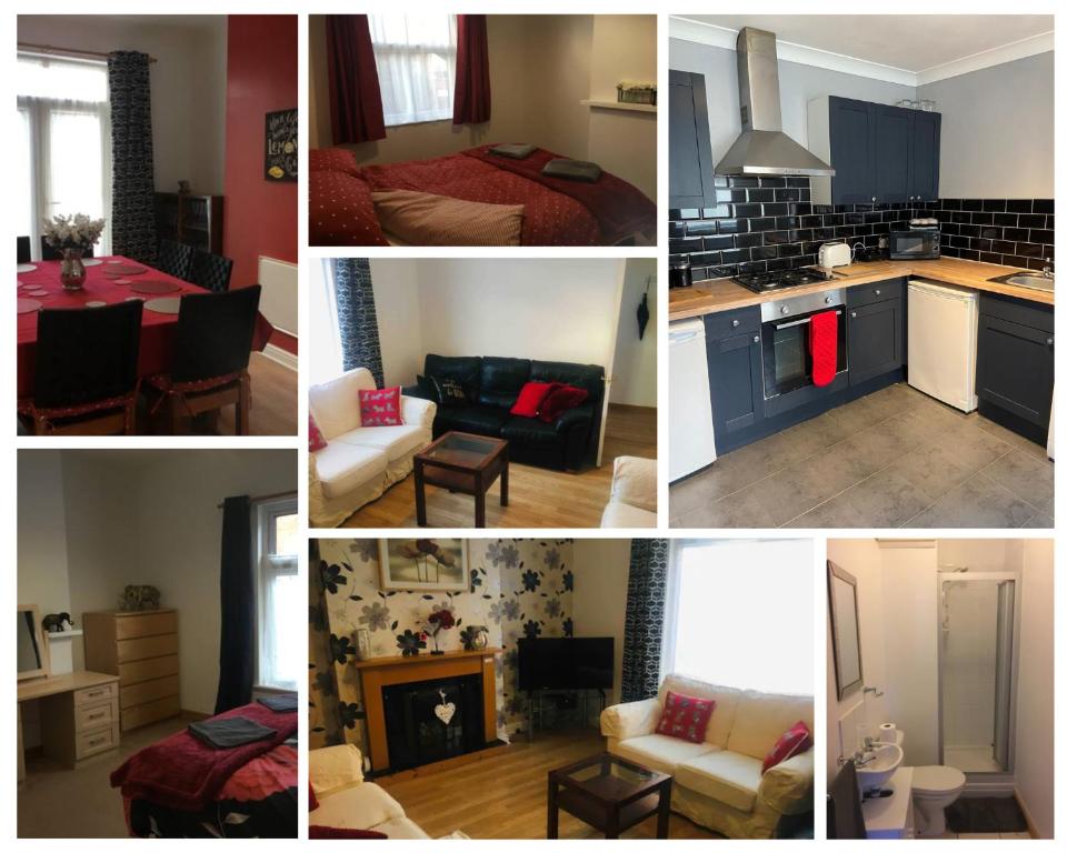 een collage van foto's van een keuken en een woonkamer bij 5 Bedroom House For Corporate Stays in Kettering in Kettering