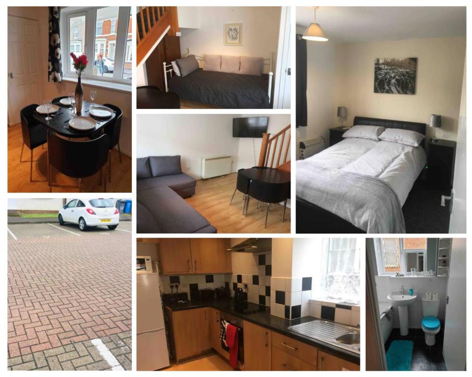 a collage of pictures of a bedroom and a living room at 2 Bedroom House For Corporate Stays in Kettering in Kettering