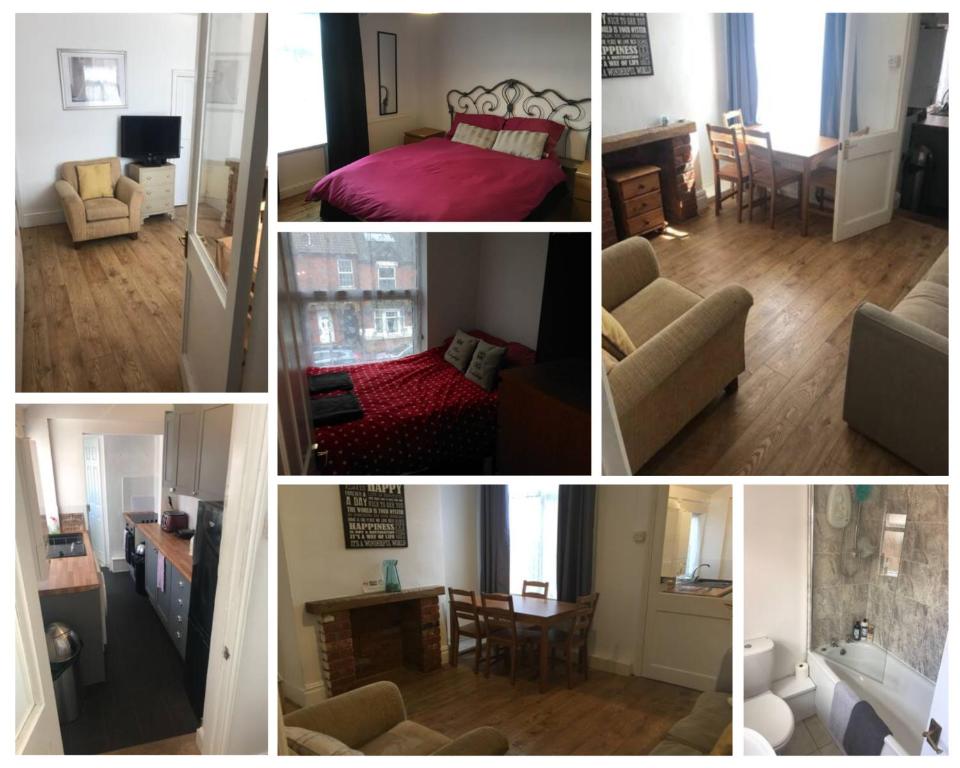 eine Collage mit vier Bildern eines Zimmers in der Unterkunft 4 Bedroom House For Corporate Stays in Kettering in Kettering