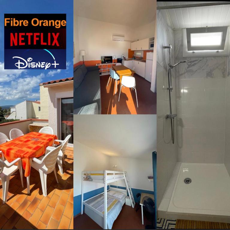 un collage de trois photos d'une cuisine et d'une maison dans l'établissement T2 avec terrasse, vue étang et son coucher de soleil, plage à proximité, wifi et place de parking gratuit que l on nomme Puesta de Sol, au Barcarès