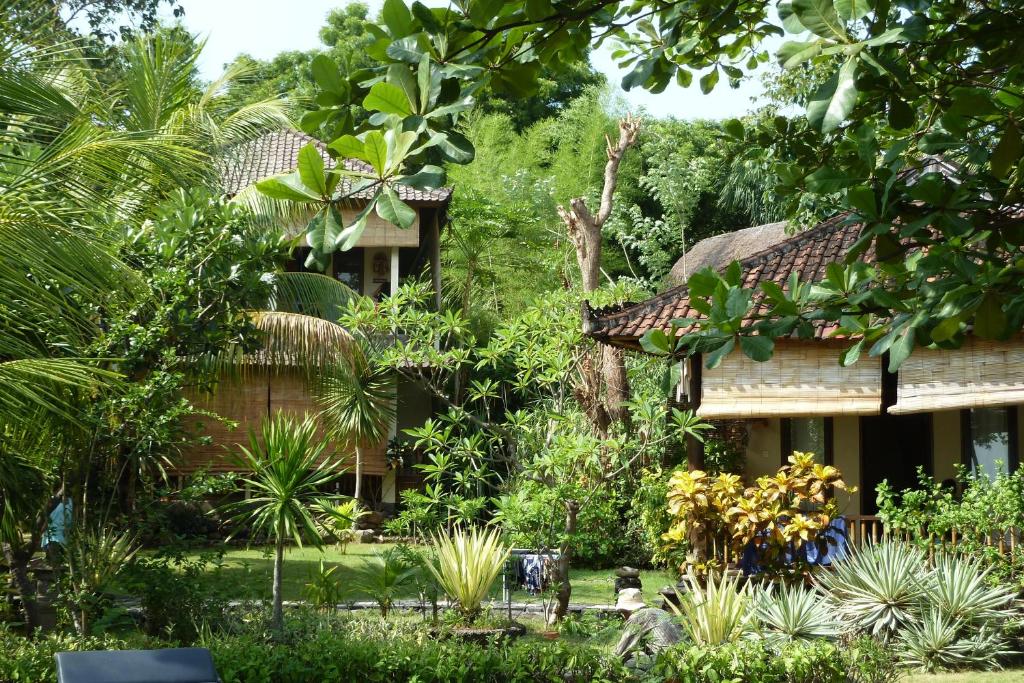 un jardín frente a un edificio con árboles y plantas en Jukung Bali Bungalow, en Amed