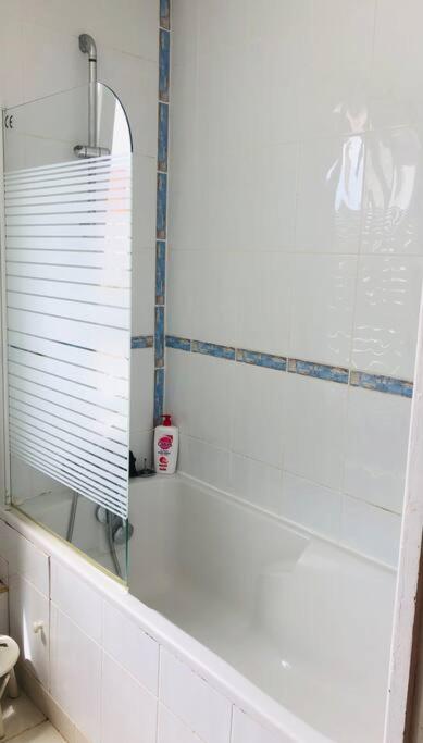 a bathroom with a bath tub with a mirror at Appartement A confortable et lumineux in Neufchâtel-Hardelot