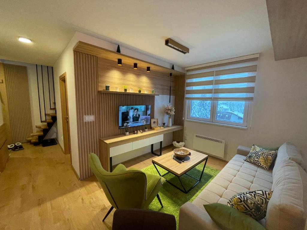 a living room with a white couch and a tv at Vila Jahor Superior Apartman 16 “Minja” in Jahorina