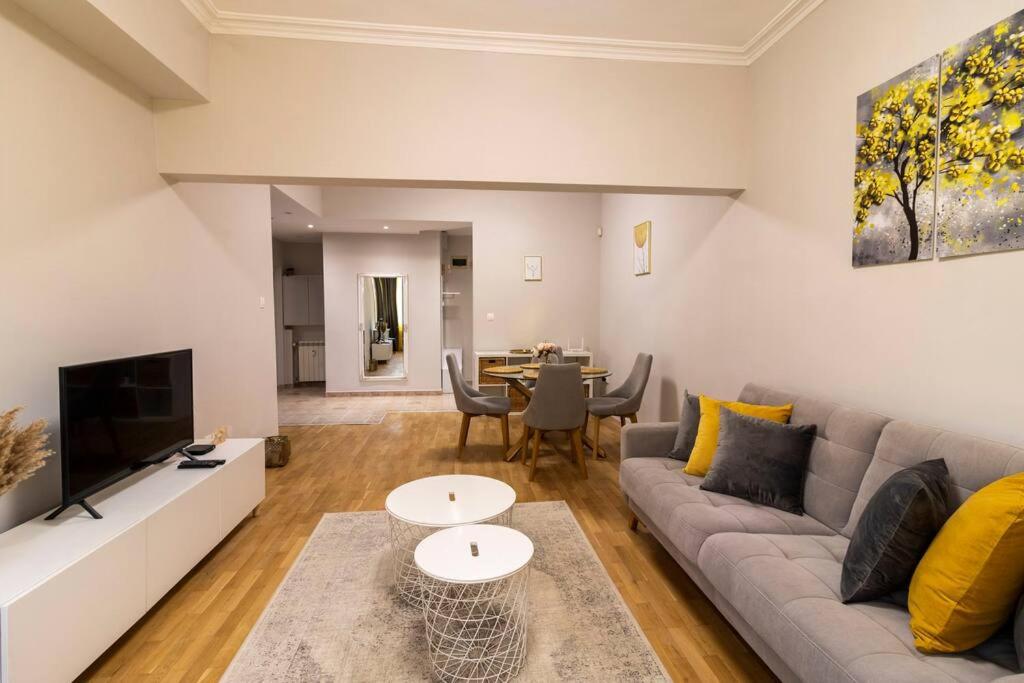 a living room with a couch and a tv at Spacious Aristocratic Apt. with a Colourful View in Sofia