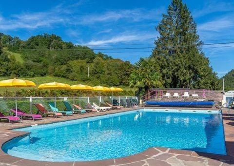 una gran piscina con sillas y sombrillas en Oh! Campings - Camping Paradis A l'ombre des tilleuls, en Peyrouse