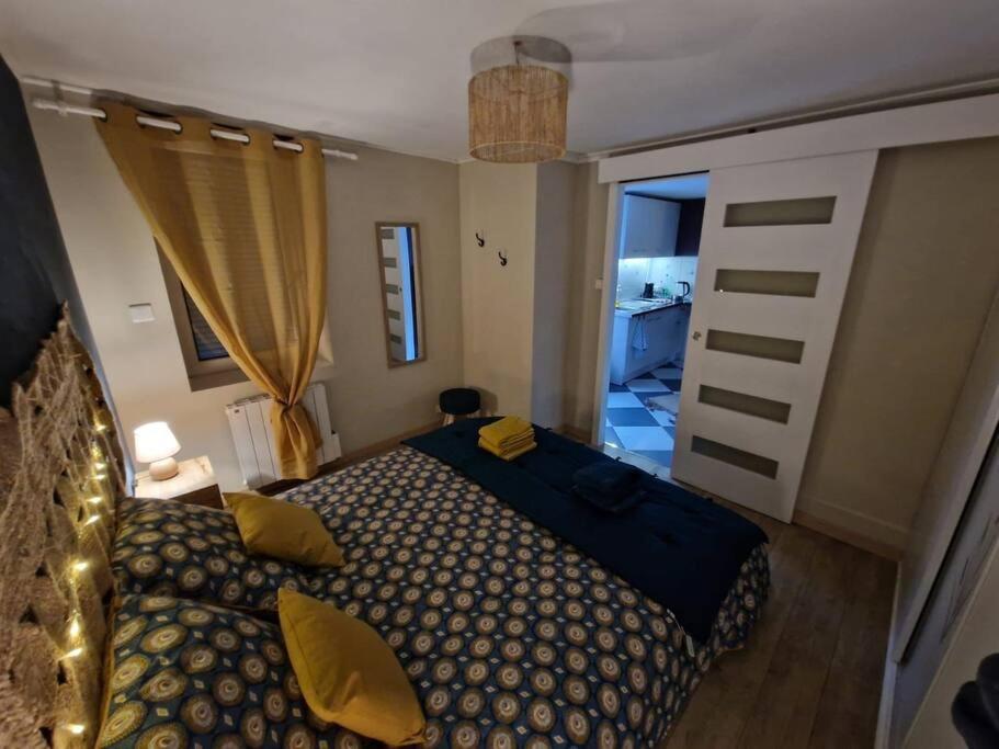 een slaapkamer met een bed met gele kussens en een raam bij Au bord du canal in Nancy