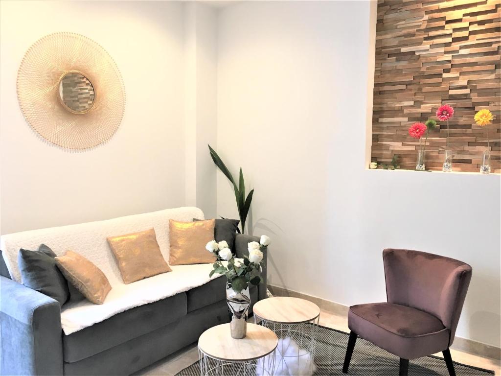 un salon avec un canapé et une chaise dans l'établissement T2 Montpellier centre historique, à Montpellier