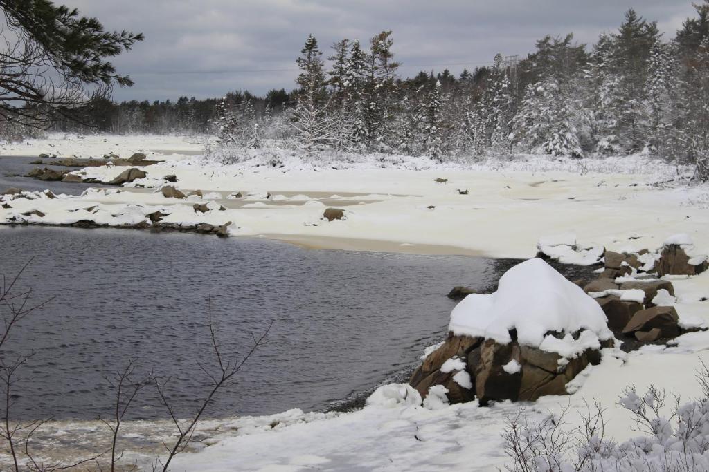a snowy river with snow on the rocks and trees at 1 and Only Riverside Accommodations in Sable River